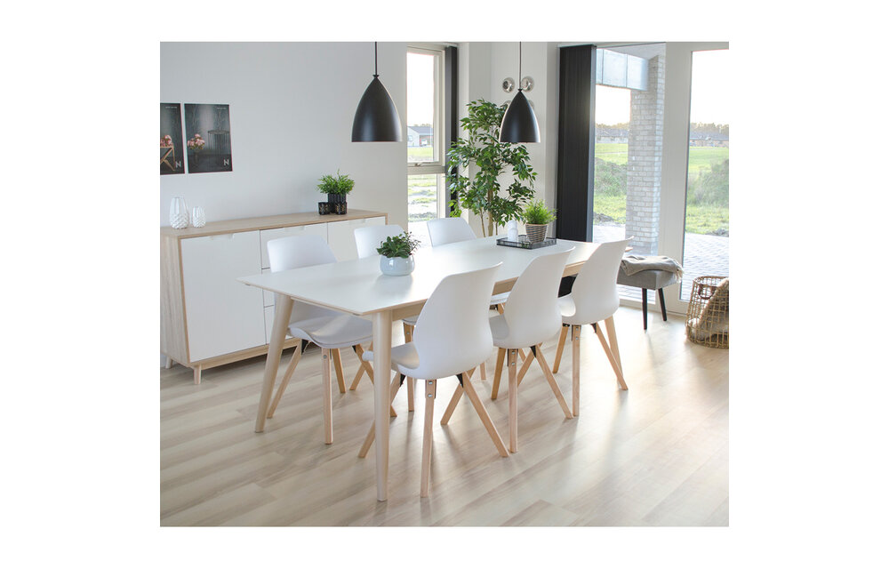 Copenhagen Eettafel - Uitschuifbare eettafel met wit tafelblad en houten poten 195/285x90 cm