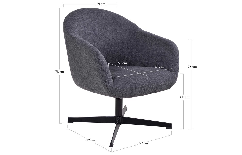 Sydney Lounge Stoel - Lounge stoel met draaifunctie in het donkergrijs en zwart onderstel
