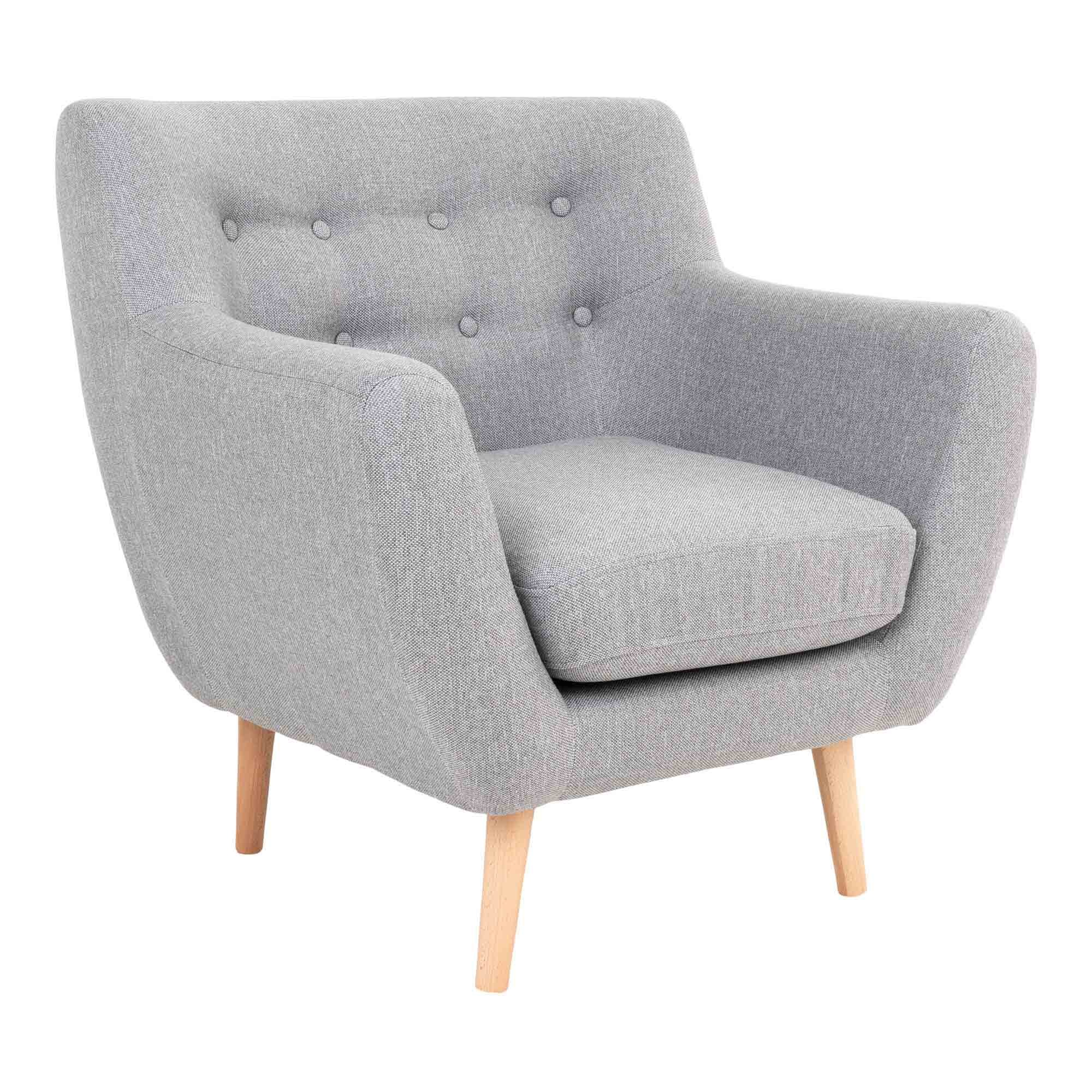 Scandinavische fauteuil in lichtgrijs met natuurlijke poten 