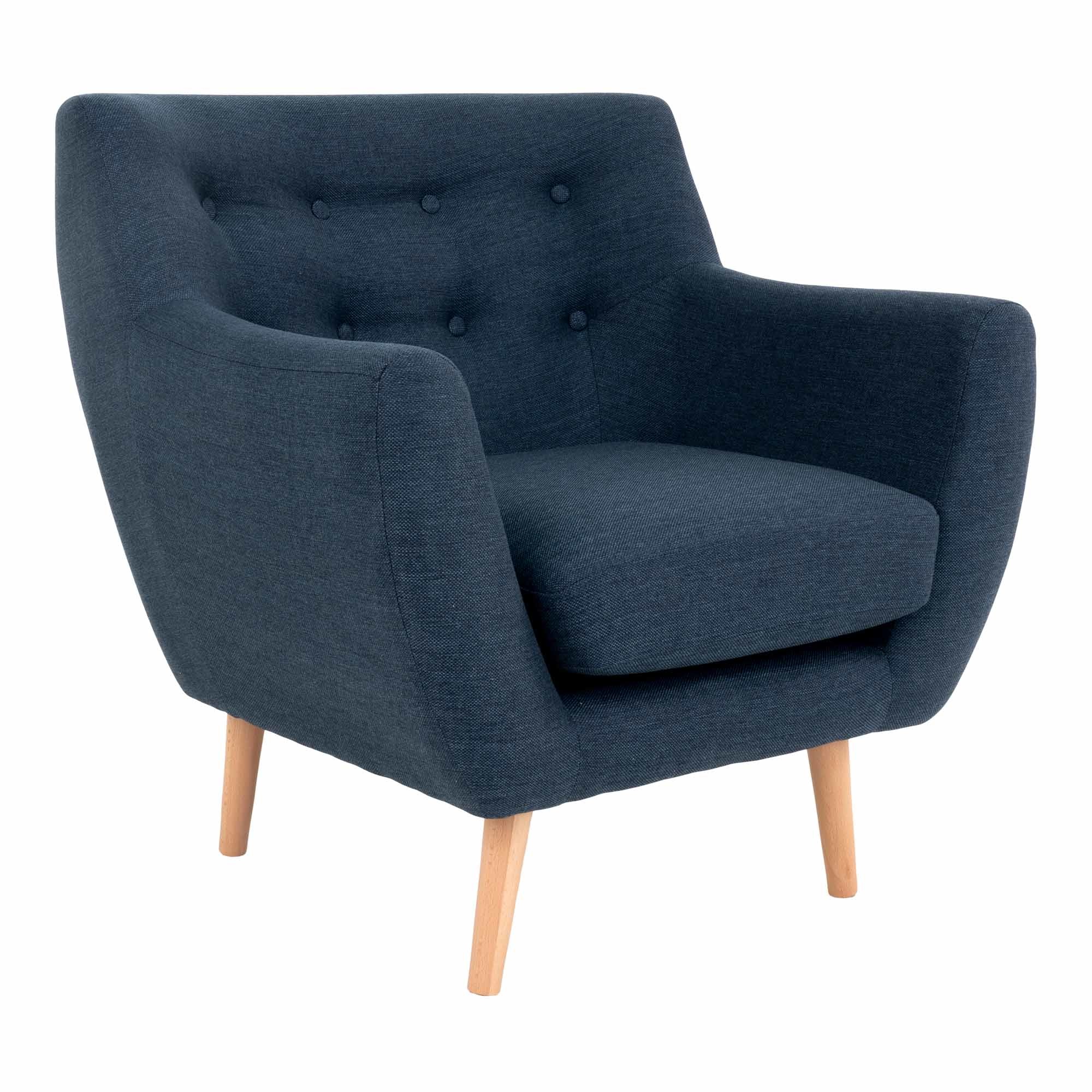 Scandinavische fauteuil in donkerblauw met natuurlijke poten 