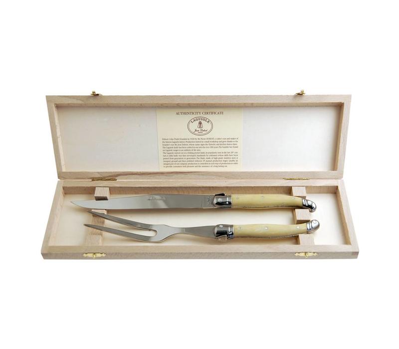 Laguiole Premium Carving Knife and Fork Light Horn Effect in Wooden Box