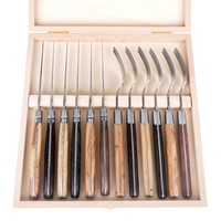 Laguiole Premium 6 Steak Knives & 6 Forks Mixed Wood in Box