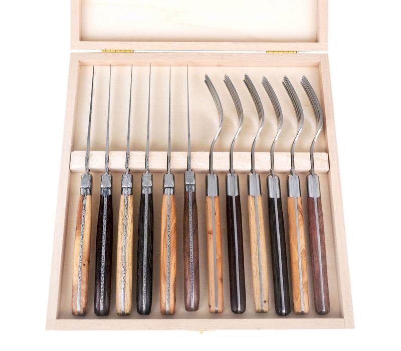 Laguiole Premium 6 Steak Knives & 6 Forks Mixed Wood in Box