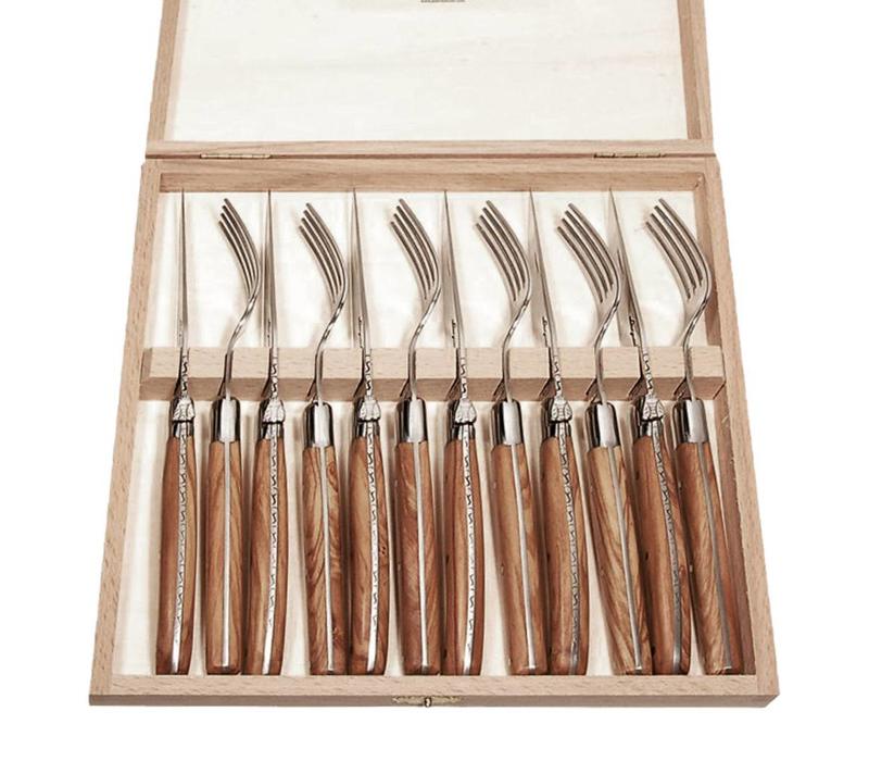 Laguiole 6 Steak Knives & 6 Forks 'Premium' Olive Wood