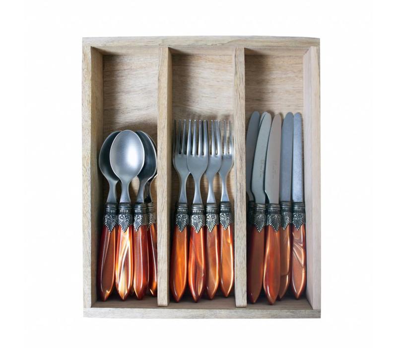 Murano Besteckset (18-teilig) – Für 6 Personen – Orange in Holzbox | Ideal für Dessert, Frühstück oder Vorspeisen – Elegantes Italienisches Design