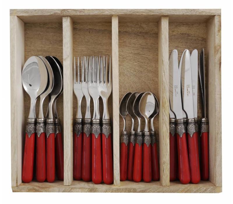 Vintage 24 Pcs Cutlery Set Red in Wooden Tray