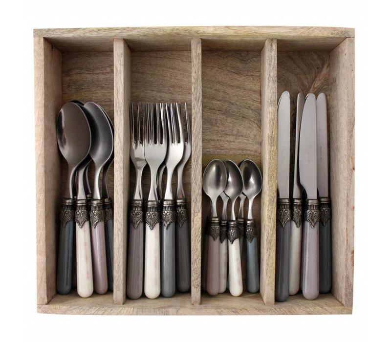 Vintage 24-piece Dinner Cutlery Set 'Storm Mix' in Cutlery Tray, Mixed Colours Ivory White, Light Grey and Dark Grey