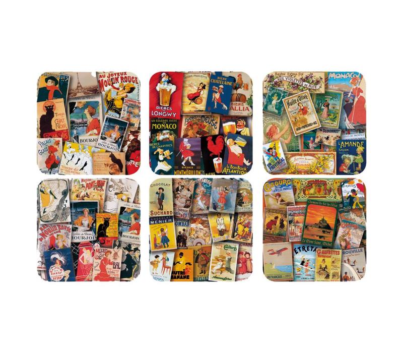 French Classics Set of 6 Coasters 10x10 cm "Affiches" Coated Cork