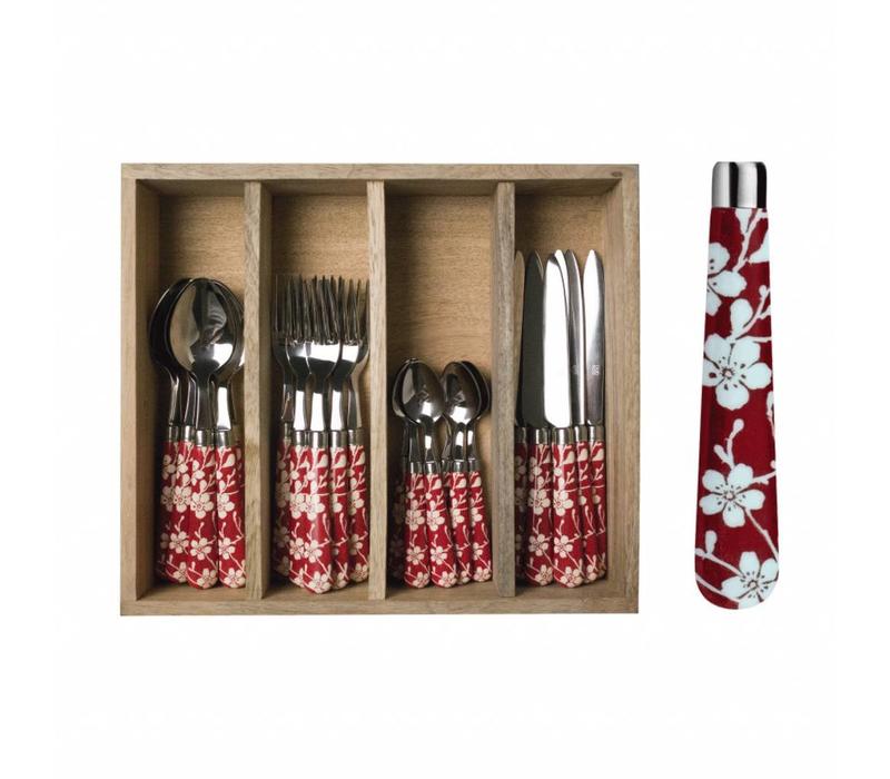 Aktion 24-teiliges Tafelbesteck in Holzbox "Blumen" 'Rot'