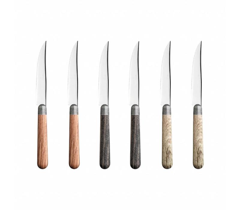 Antique Wood 6 Steak Knives Timber Mix