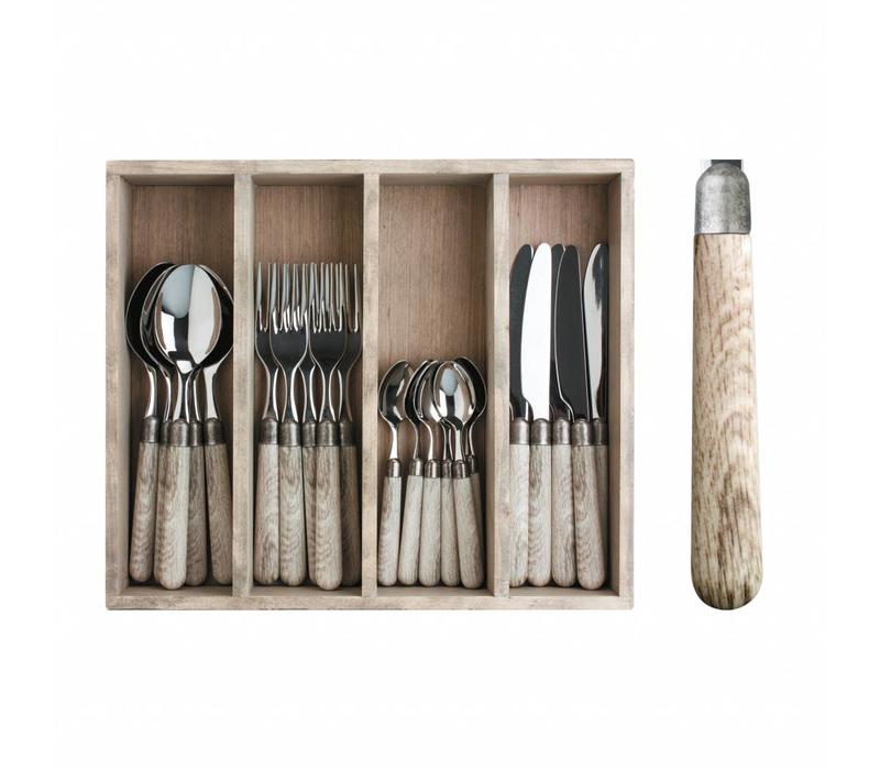 Premium 'Antique Wood' Cutlery with Wooden Handles 6-Person - 24-Piece Stainless Steel, Dishwasher Safe, Elegant Wooden Case