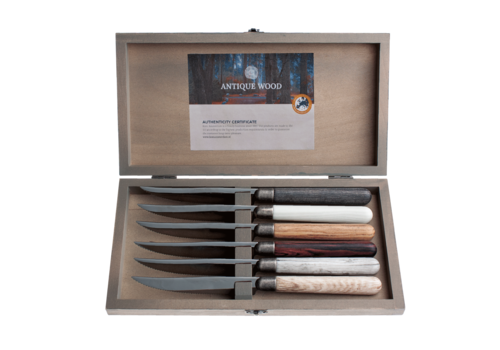 Kom Amsterdam Antique Wood 6 Steak Knives in Box Full Range