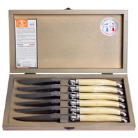 Laguiole Classique 6 Couteaux à Steak Façon Corne Claire en Coffret en Bois