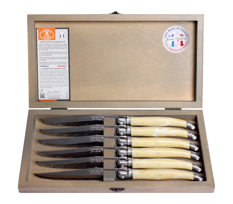 Laguiole Classic 6 Steak Knives Light Horn Effect in Wooden Box