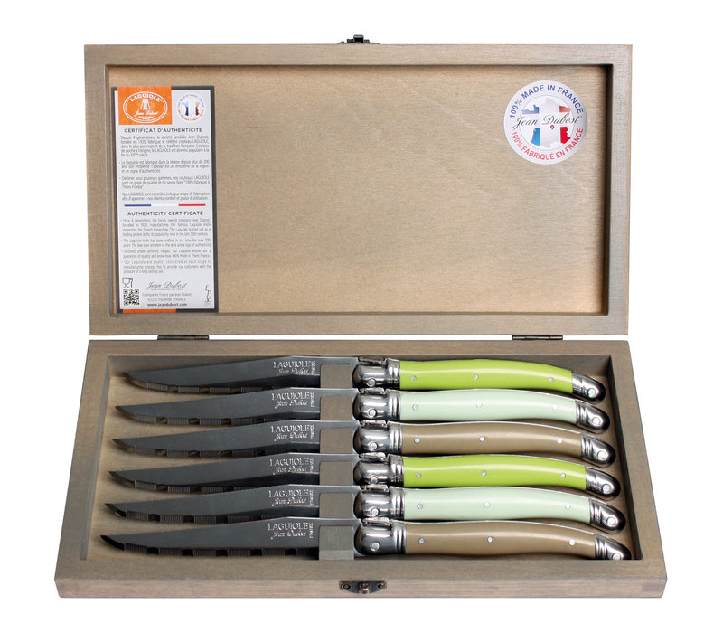 Laguiole Classic 6 Steak Knives Botanical Mix in Wooden Box