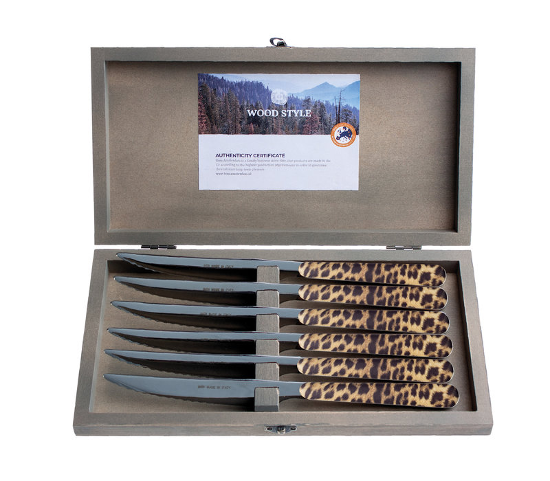 Wood Style 6 Steak Knives "Panther" in Box