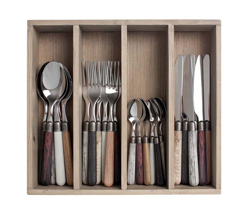 Premium 'Antique Wood' Cutlery with Wooden Handles 6-Person - 24-Piece Stainless Steel, Dishwasher Safe, Elegant Wooden Case