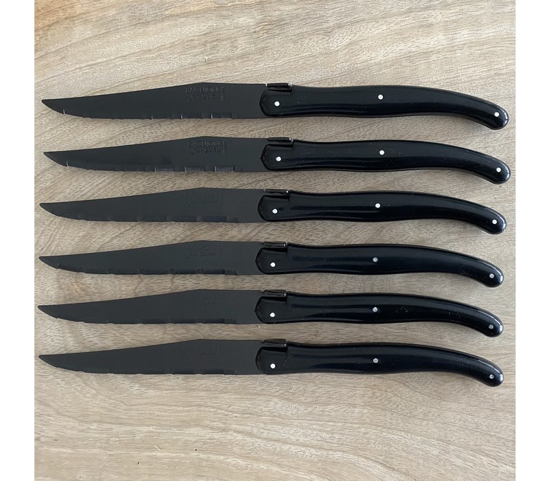 Laguiole 6 Steak Knives 'Classic' New Age Black in Knife Block