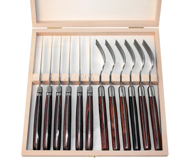 Laguiole 6 Steak Knives & 6 Forks 'Premium' Rosewood Wood