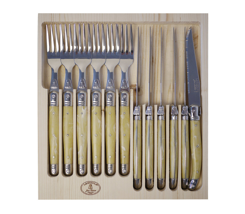 Laguiole Classic 6 Couteaux Steak & 6 Fourchettes Façon Corne Clair