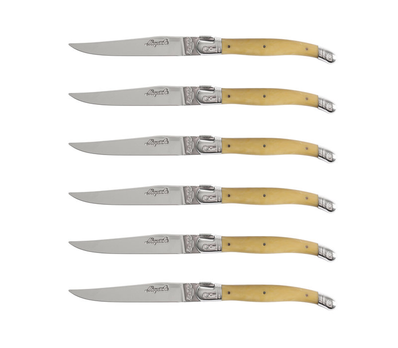 Laguiole Exclusive 6 Steak Knives Light Horn Effect in Wooden Box