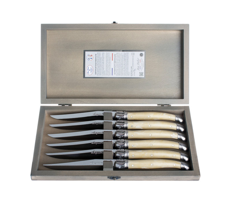 Laguiole Exclusif 6 Couteaux à Steak Façon Corne Clair en Coffret en Bois