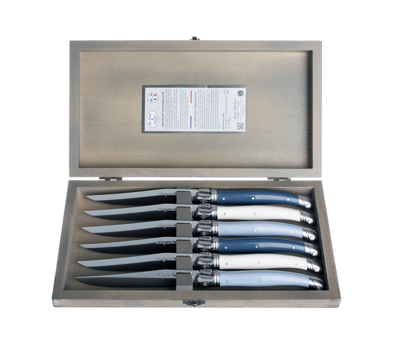 Laguiole Premium 6 Steak Knives Nordic Mix in Wooden Box
