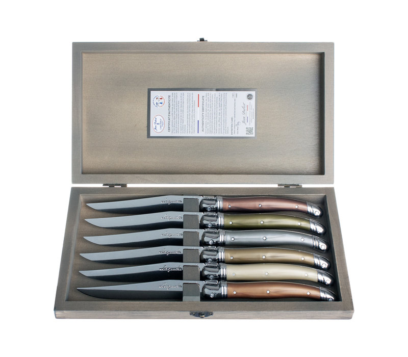 Laguiole Premium 6 Steak Knives Mineral Mix in Wooden Box