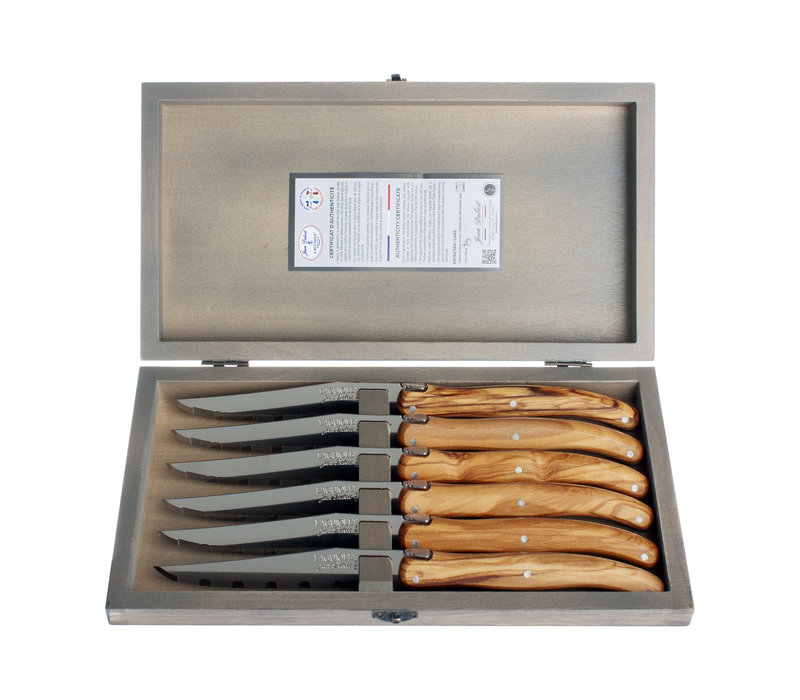 Laguiole Classic 6 Steak Knives Olive Wood in Wooden Box