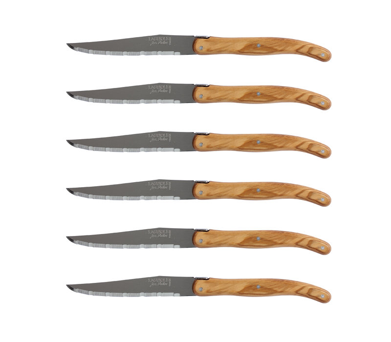 Laguiole Classic 6 Steak Knives Olive Wood in Display