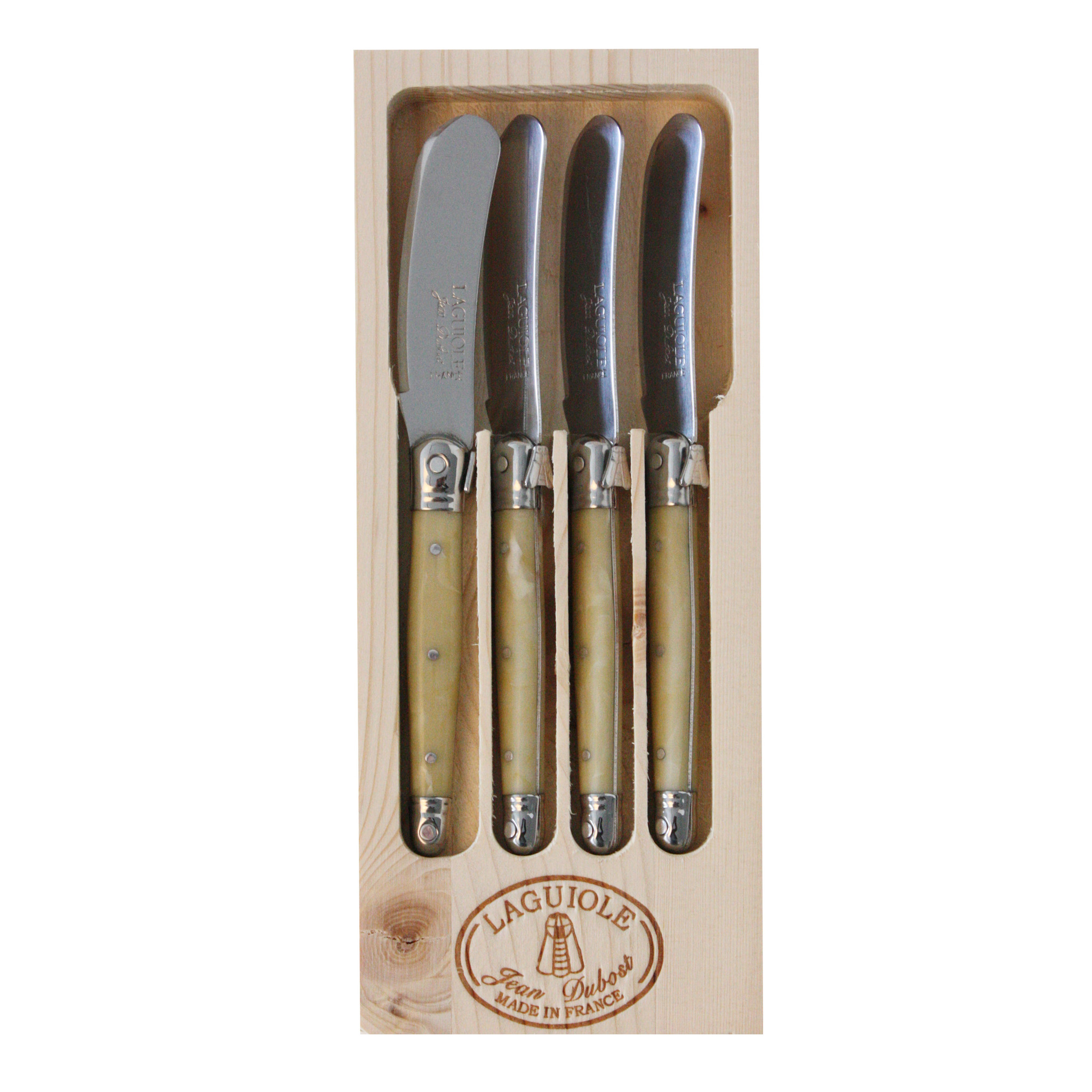 Ensemble de 4 couteaux à beurre Lou Laguiole neufs de la gamme  traditionnelle dans un coffret en bois. -  France