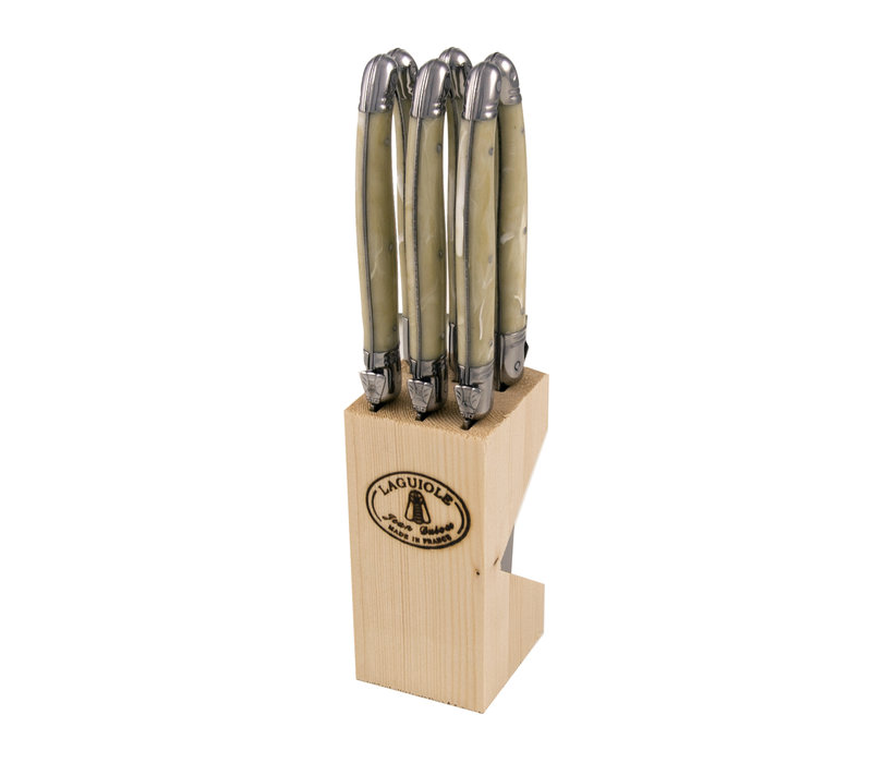 Laguiole Classic 6 Steak Knives Light Horn Effect in Knife Block