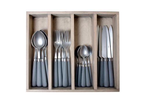 Kom Amsterdam Chestnut 24-piece Dinner Cutlery Grey in Wooden Box