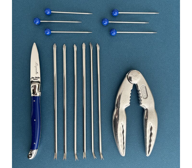 Laguiole Zeevruchtenset 'Blauw' - 1 Krabtang, 1 oestermes,  6 kreeftvorkjes & 6 kokkelprikkers