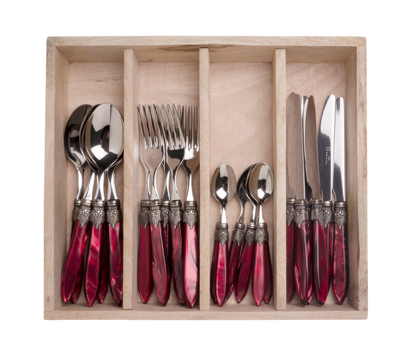 Murano Tafelbesteck (24-teilig) – Für 6 Personen – Bordeaux in Holzbox | Italienisches Design