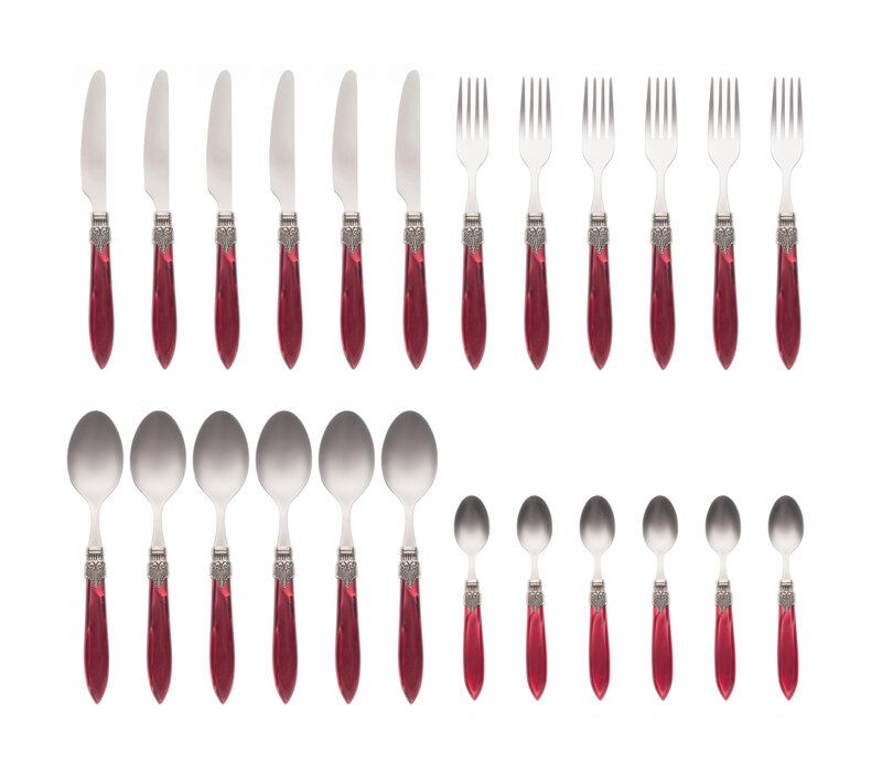 Murano Tafelbesteck (24-teilig) – Für 6 Personen – Bordeaux in Holzbox | Italienisches Design