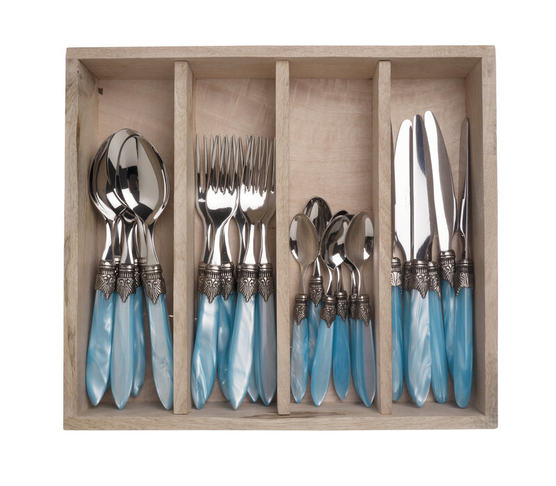 Murano Dinerbestek (24-delig) – Voor 6 Personen – Turquoise in Houten Kist | Italiaans Design