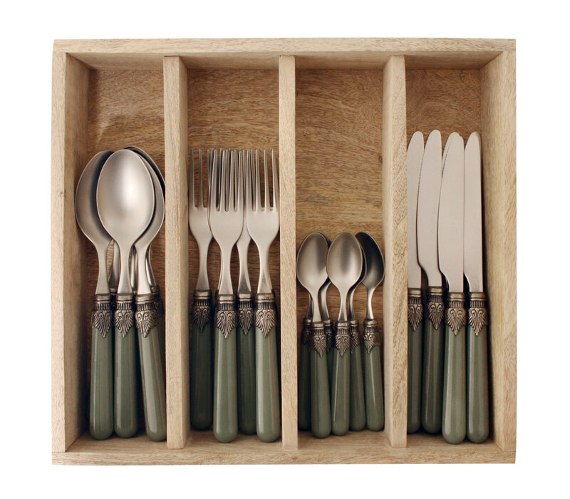 Vintage 24-piece Dinner Cutlery Moss Green in Wooden Box