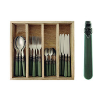 Vintage 24-piece Dinner Cutlery Moss Green in Wooden Box