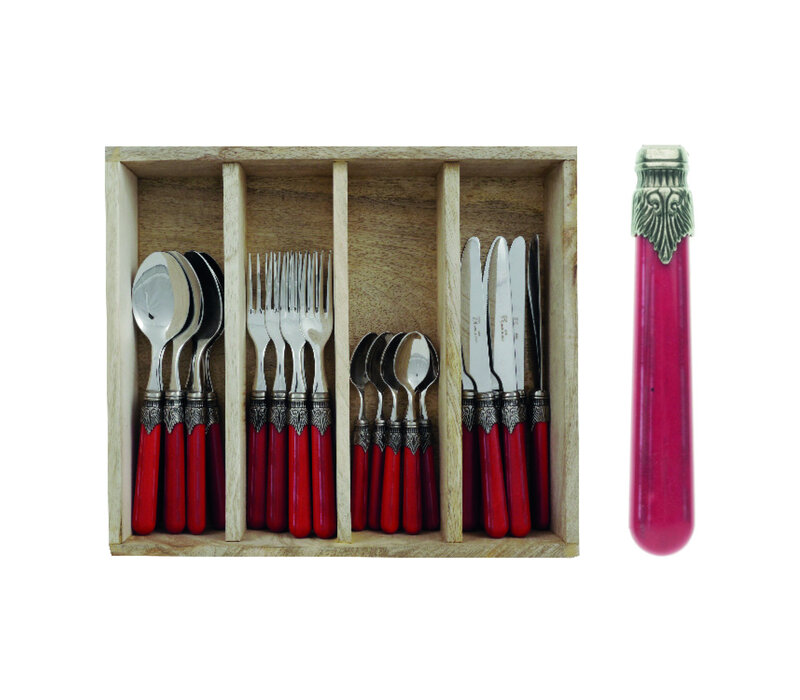 Vintage 24-piece Dinner Cutlery Pepper Red in Wooden Box