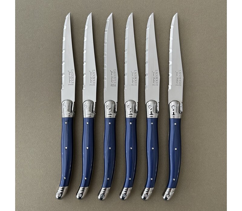 Laguiole 6 Classic Steak Knives Blue in Wooden Box