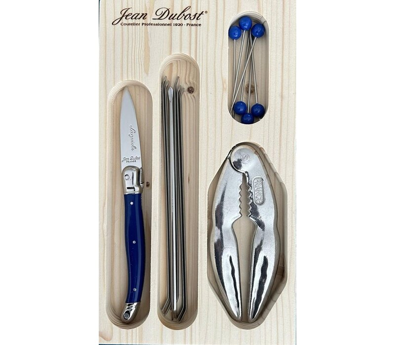 Laguiole Zeevruchtenset 'Blauw' - 1 Krabtang, 1 oestermes,  6 kreeftvorkjes & 6 kokkelprikkers