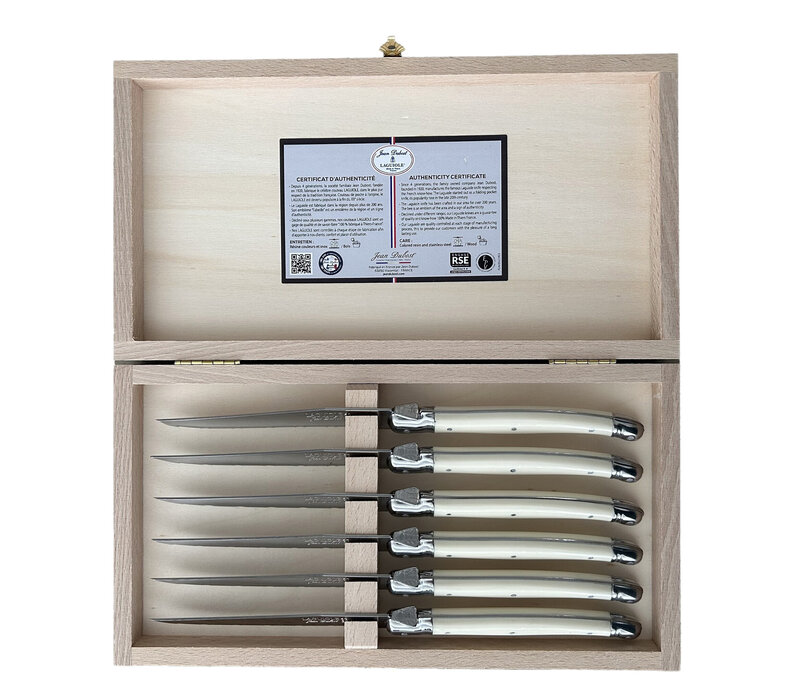 Laguiole 6 Classic Steak Knives Ivory Colour in Wooden Box