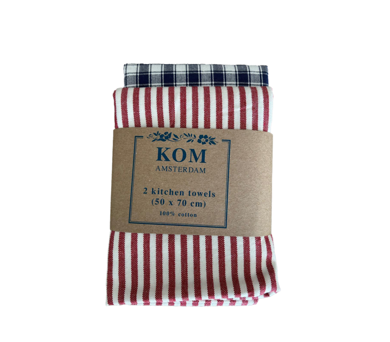 Set 2 Geschirrtücher 50x70 cm Normande Streifen rot / Karo blau