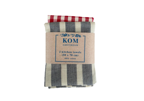Kom Amsterdam 2er Set Geschirrtücher 50x70 cm Quadrat rot/sand, Streifen taupe/beige