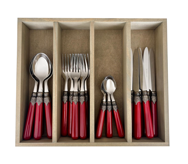 Premium Brasserie Cutlery 'Red'  6-Person - 24-Piece Stainless Steel, Dishwasher Safe, Elegant Wooden Case