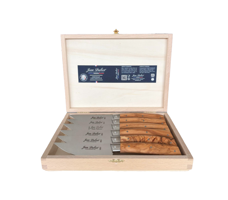 Jean Dubost – Set mit 6 Tafelmessern, Griffe aus Olivenholz, rostfreier Stahl
