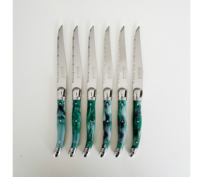 Laguiole 6 Classique Couteaux à Steak Marbre Vert en Coffret en Bois