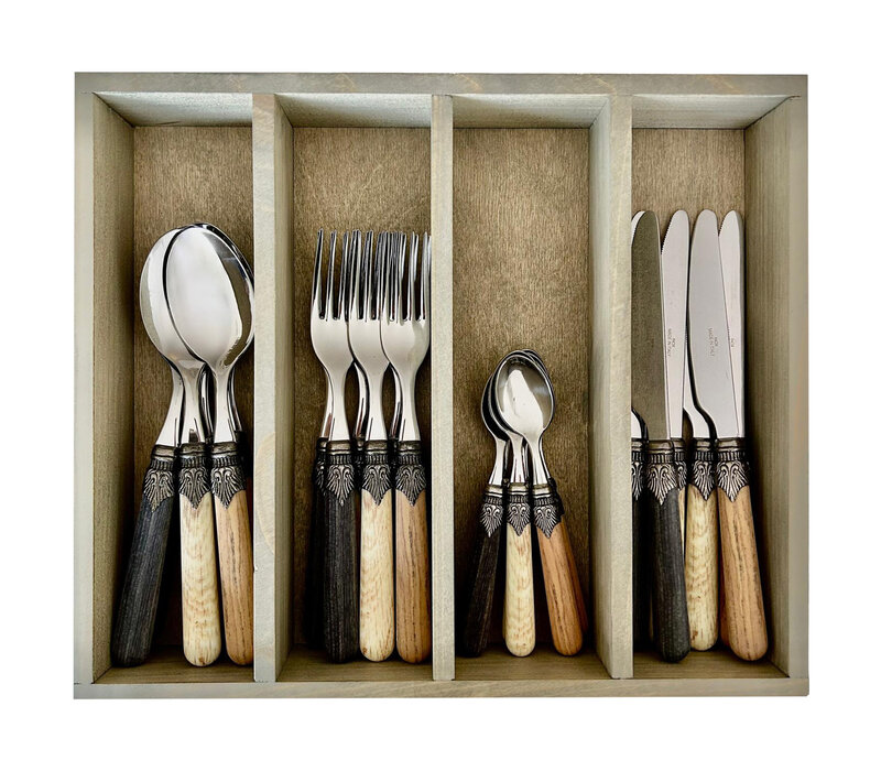 Premium Vintage 6-Persoons Bestekset 'Timber Mix' met Houteffect - 24-stuks Rvs, Vaatwasbestendig, Elegante Houten Casette