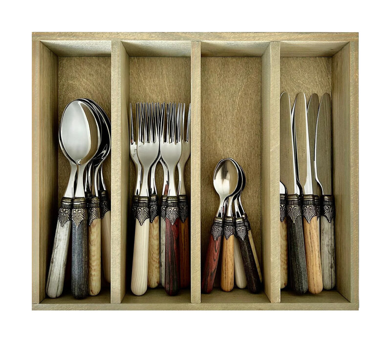 Premium Vintage Cutlery 'Forest Blend' with Wooden Handles 6-Person - 24-Piece Stainless Steel, Dishwasher Safe, Elegant Wooden Case